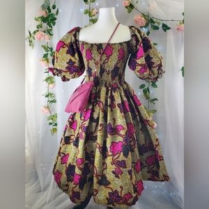 AFRICAN Congalese  TeaParty Puffy Sleeves Fit Flare Leaves Fuschia Flowers Dress